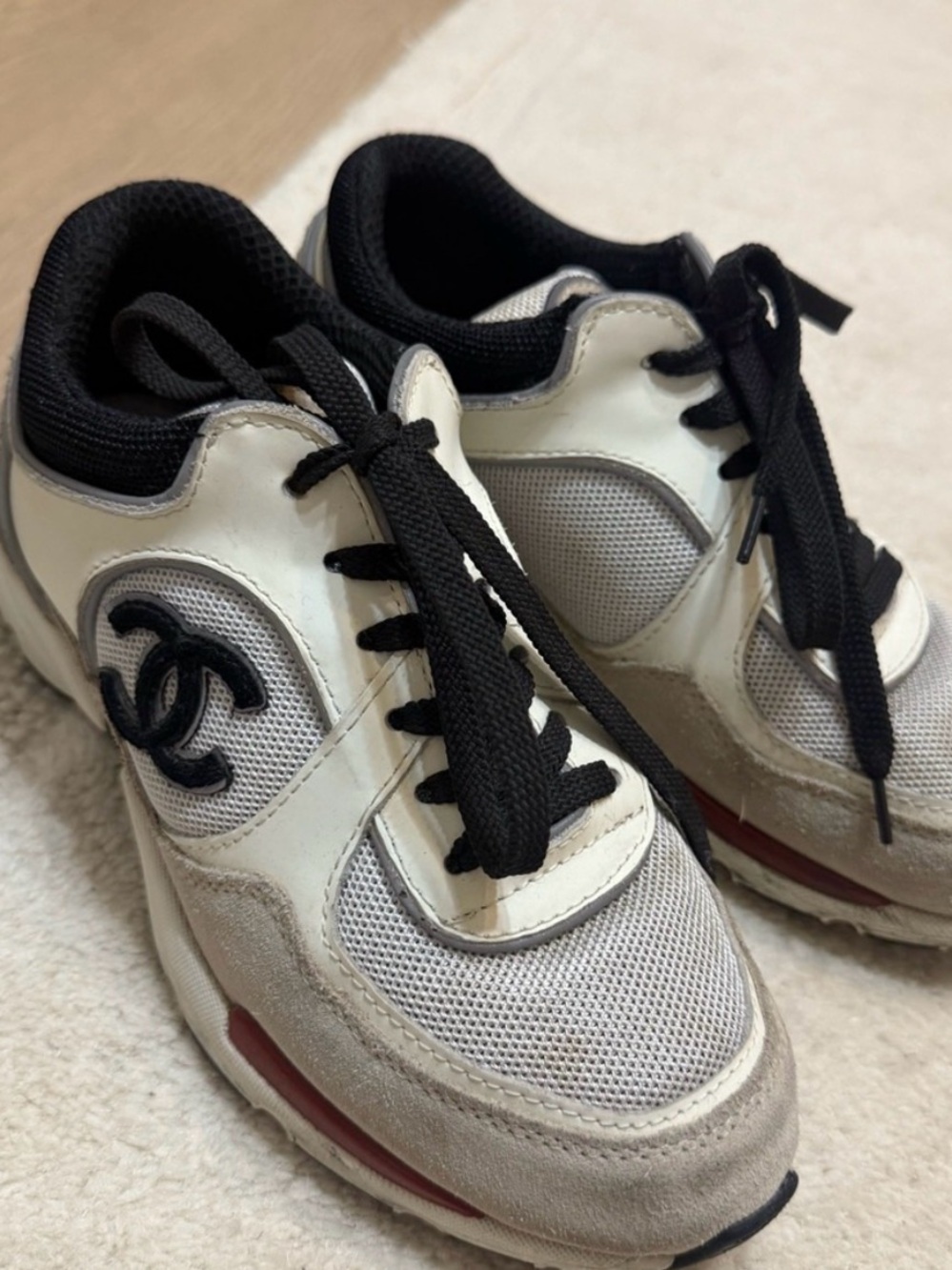 CHANEL Cream Black and Red Logo Women’s Sneakers - Picture 3 of 5